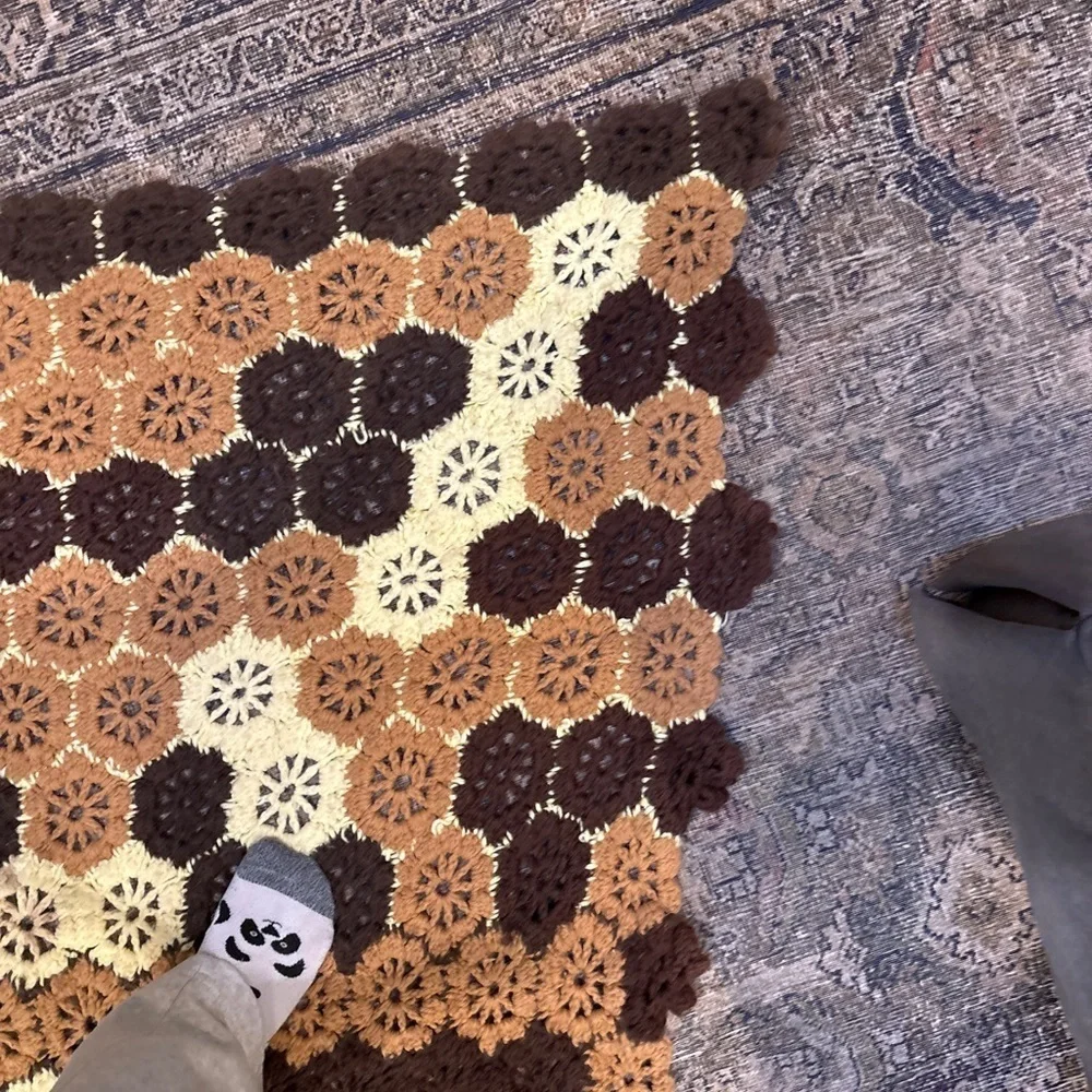 Handmade Hexagonal Crochet Blanket Brown Tan Cream